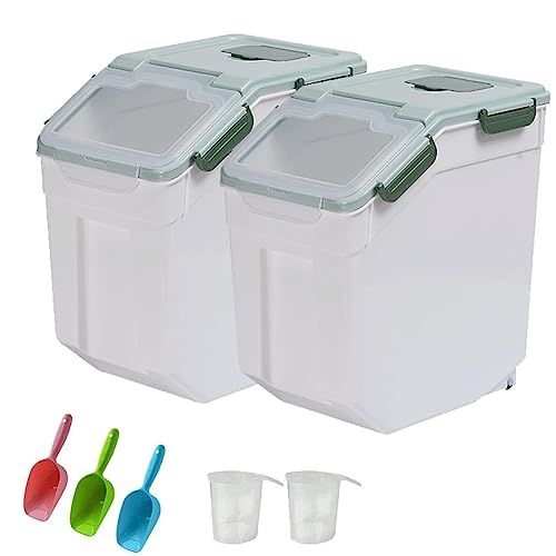 25LB Large Flour Storage Container Bin ,2 Pack Airtight Plastic with Wheels Seal Locking Lid Dispenser Organizer Storage Bin with Measuring Cup & Scoop for Flour, Rice, Grain 50LBS Total - color: Green 25LB，2Pcs