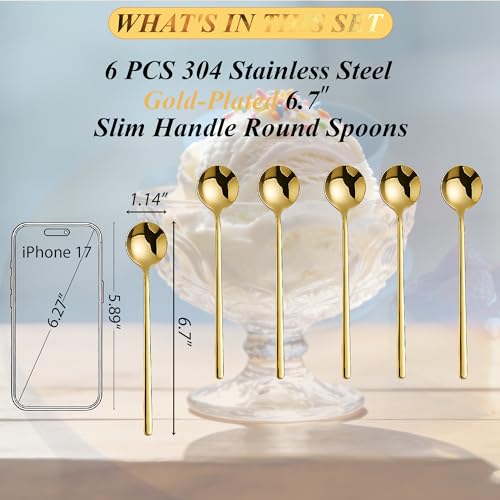 Long-handled Mirror-Finish Small Round Stainless Steel Spoon, Suitable for Scooping Bird's Nest, Honey, Coffee, Milk Powder, Sugar, Cocoa Powder and Other Foods & Desserts (6pcs 6.7", Gold-Plated) - size: 6.7in, style: 6Pcs Gold-Plated