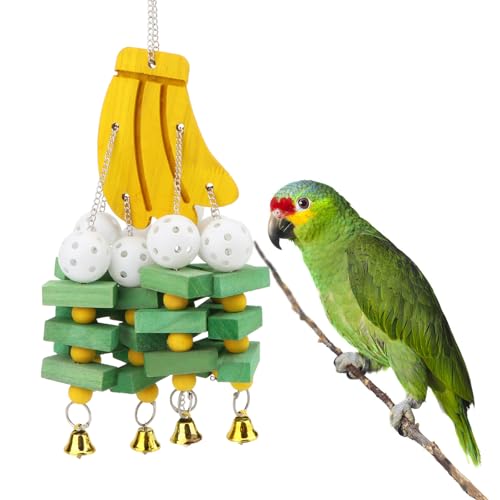 Hypeety Large Parrot Hanging Swing Toy Bells Chew Toy Colorful Hanging Wood Block Parrot Macaw African Greys Cockatiels Budgies Conure Banana Shape Natural Birds Cage Hanging Toy - color: Banana