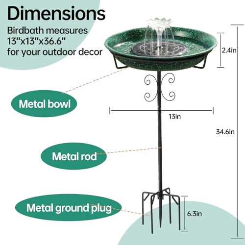 Solar Powered Bird Bath with Fountains for Hummingbirds,Stable Stylish Design with 5-Prong Base Stake Metal Bird Bath for Outside Yard Lawn Patio Garden - color: Green