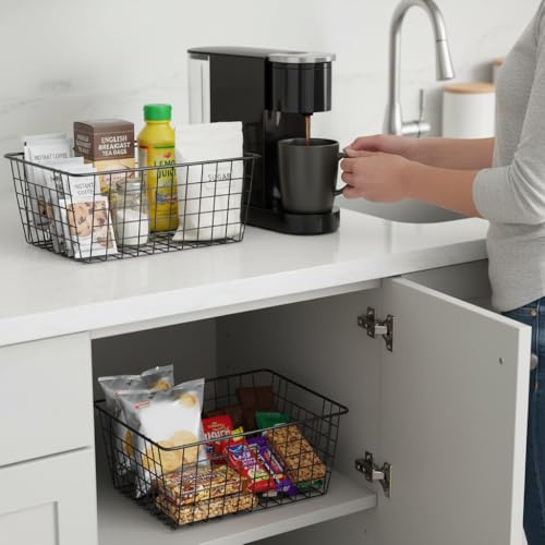 Kitchen Wire Baskets Farmhouse Decor Metal Food Storage Organizer,Household Refrigerator Bin with Built-in Handles for Cabinets,Pantry,Bathroom,Black - color: Black, size: 4 Pack Big