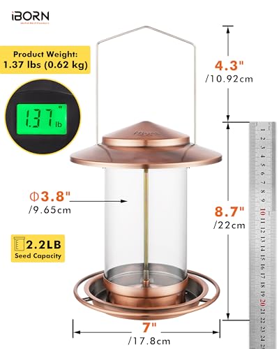 iBorn Metal Bird Feeders for Outdoors, Copper-Plating, 6 Port, 2.2LB | For Cardinal, Chew Proof, 18cm Large Roof & Tray, Hanging - color: Copper-Plating,2.2LB,6Port
