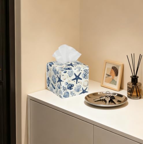 Watercolor Seashell Starfish Tissue Holder,Coastal Decor Gift | 5.2Inch Classic Coastal Nautical PU Tissue Box Cover,Decor Fits Bathroom,Bedroom,Beach House&Apartment,Coastal Holiday Gift - color: White Decoration Theme-12
