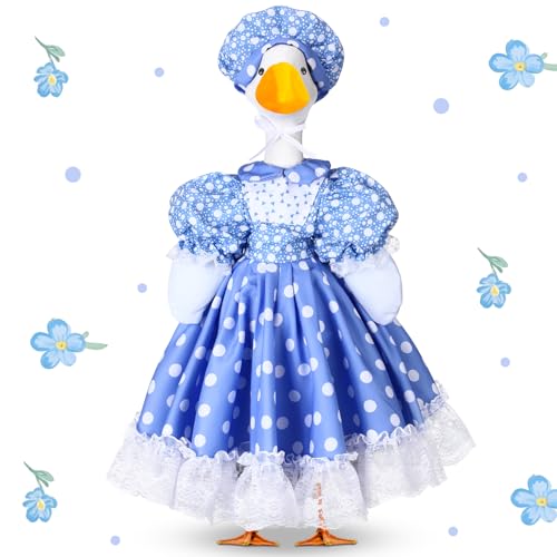 Abbylike Polka Dot Porch Goose Outfits for 23 Inch Plastic & Cement Statue Blue Lolita Dress with Lace Trim Farmhouse Goose Clothes with Hat for Summer Outdoor Patio Yard Lawn Decoration - style: Polka Dots