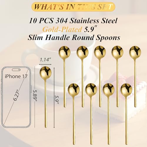Long-handled Mirror-Finish Small Round Stainless Steel Spoon, Suitable for Scooping Bird's Nest, Honey, Coffee, Milk Powder, Sugar, Cocoa Powder and Other Foods & Desserts (10pcs 5.9", Gold-Plated) - size: 5.9in, style: 10Pcs Gold-Plated