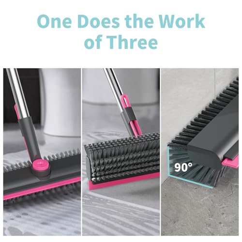 AIR U+ Floor Scrub Brush with Long Handle, 3-in-1 Rotating Head & Squeegee | Stiff Dual-Sided Bristles for Shower, Bathroom, Kitchen and Patio, 30–50 In Handle for Easier Stand-Up Cleaning, Gray & Pink - color: Gray and Pink, size: 1 PACK