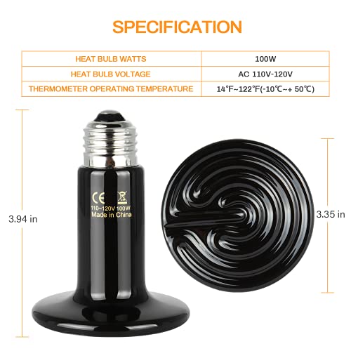 Simple Deluxe 100W Ceramic Heat Lamp Reptile Heat Emitter Heater Lamp Bulb No Light with Free Digital-Thermometer, for Pet Brooder Coop Chicken, Dragon Turtle Lizard Snake Aquarium Tank - size: 1-Pack+Thermometer, style: Black