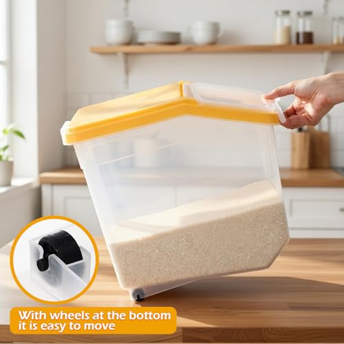 4 Pcs Rice Storage Container 38 lb Flour Container with Wheels Measuring Cup Clear Pet Food Bin Dog Bird Cat Food Bin Grain Cereal Organizer Box for Dry Baking Supplies(Yellow Lid) - color: Yellow Lid, size: 38 lb
