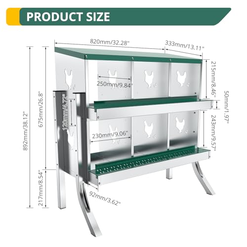 6 Compartment Chicken Nesting Box Chickens Hens Ducks Egg Metal Coop | Protect Eggs Under Lid; Support Poultry Nesting; Slide Tray For Cleaning; Improve Nest Cleanliness; Metal Chicken Run - color: Green