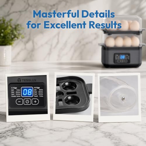 Tesslux Egg Cooker, Dual Layer 12 Egg Boiler, Soft Hard Poached, Black | LED Countdown Timer, Touch Control, Poaching Bowl, Omelet Maker, Two Trays, Vegetable Steamer, Auto Shut-Off, Buzzer Alert - color: Black