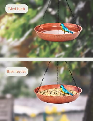 Hanging Bird Bath for Outdoor, 11 Inch Dia Antique Copper Metal Bird Feeder Birdbath Bowl Mounted Black Chain Metal Yard Art Garden Decor 0.5 Gallon - color: Antique Copper Finish