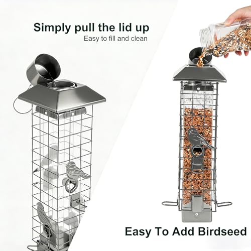 Squirrel Proof Bird Feeders for Outdoors, Metal Wild Bird Feeder for Outside Hanging, 4 Ports Perches, 3LB Large Capacity(Gray) - color: Gray
