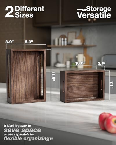 Wooden Countertop Baskets Set of 2 for Kitchen, Pantry|Wall Mount Upgrade with Full Accessories| Rustic Nesting Boxes|Wooden Organizer Crates for Vegetables, Produce, Bread - color: Walnut