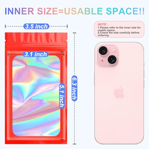 ANZNKU 100PCS Holographic Red Mylar Bags, Resealable Smell Proof 3.5x6.3 | with Clear Window, Small Business Packaging for Jewelry Candy Treat Sample Freebie, Sealable Foil Zipper Goodie Gift Baggies - color: Red, size: 3.5 x 6.3 Inch