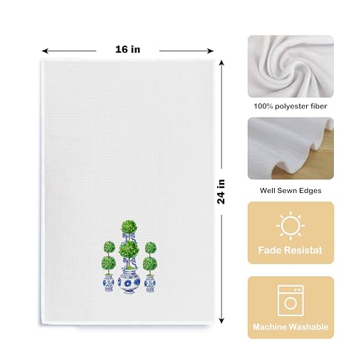 Blue and White Porcelain Chinoiserie Towels, Green Topiary Tree Dish Towels for Kitchen, Hand Towels for Bathroom, 16x24 Inches - color: Blue White03