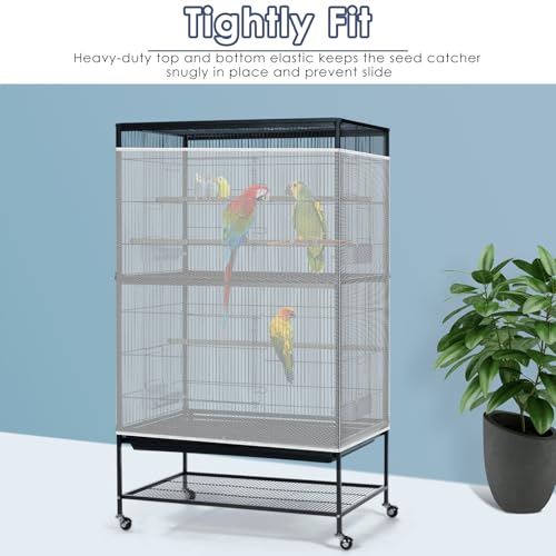 Bissap Bird Cage Seed Catcher, 90-118‘’ Universal Birdcage Net Nylon 31.8'' H Adjustable Elastic Band Stretchy Skirts Mesh Cover for Parrot Cage Seed Guard (Not Include Birdcage)- White - color: White