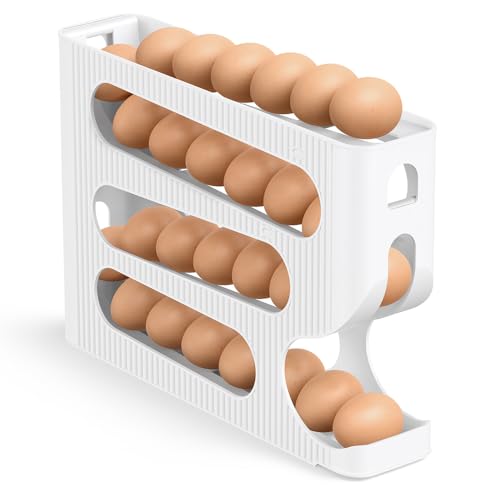 FIFO Egg Holder for Fridge, Egg Organizer for 28 Large Size Eggs | 1-Pack Auto Rolling Egg Dispenser for Refrigerator, Space-Saving Egg Roller/Container/Storage for Kitchen Countertop - color: White, size: 1 Pack