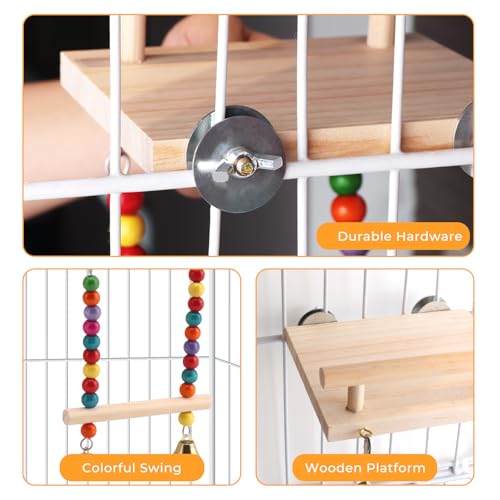 Natural Wood Bird Swing & Perch Platform for Cage | Fits Small Parrots (Budgies, Cockatiels) | Multi-Level Habitat Gym for Swaying & Hopping | Tool-Free Mount
