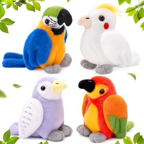 Soulchen 4 Pcs Parrot Birds Stuffed Animals Toy Gift Set 4.7 Inch | Macaw, Budgie, Cockatiel, Sun Conure Small Plush Parrot Stuffed Animal Doll Toys for Kids Boy Girl Birthday Party Bird Lovers