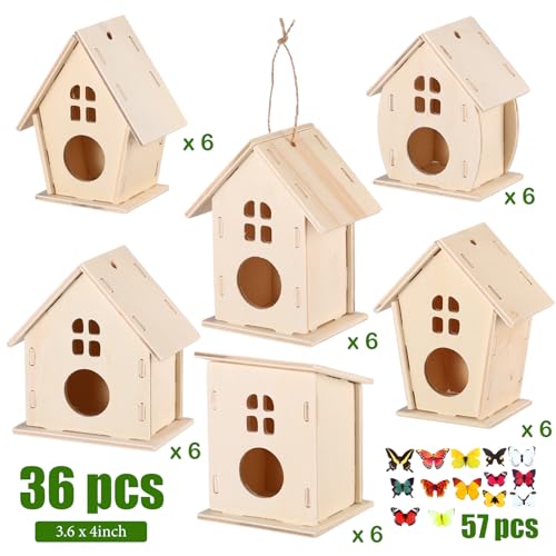 Sawysine 93 Pcs DIY Birdhouse Kits for Kids to Build, 36 Wooden Bird House 6 Shapes and 57 Butterfly Sticker for Children Summer Craft Activity Art Project DIY(Round Entrance) - style: Round Entrance