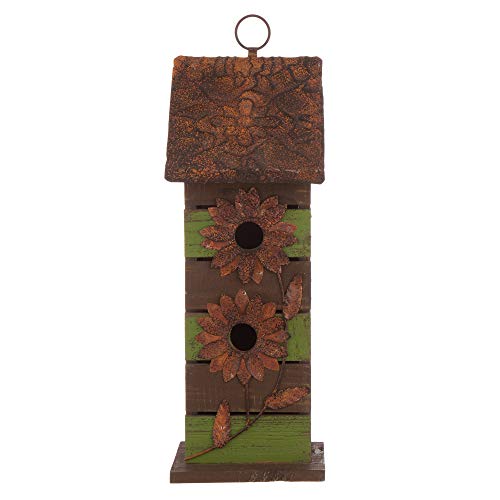 Glitzhome 14.5" H Wooden Bird House Hanging Two-Tiered Distressed with Flowers Decorative Garden Birdhouse,Green - color: 14.45"H