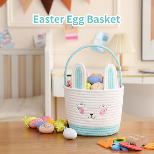 Easter Baskets for Easter Egg with Handle Woven Empty Hunt Boys' Lovely Bunny Rabbit Colorful Woven Basket First Easter Gifts for Boys, Babies, Kids, and Children (Turquoise) - color: Turquoise