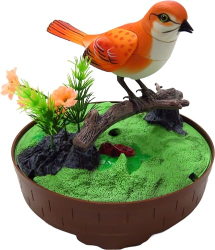 PowerTRC Singing & Chirping Bird in Cage, Realistic Sounds & Movements, Sound Activated, Battery Operated, Great Desk and Room Accessory, Pet Caged Bird Toy (10” x 7”) - color: #4 Orange