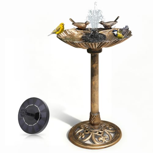 Athena Collection 31.5" Solar Powered Pedestal Bird Bath Fountain, Bronze | Detachable Solar Fountain Broad, 6 Spray Patterns, 5L Water Large Capacity，3 Ground Nails Included for Garden Yard Lawn - color: Bronze