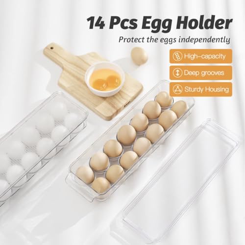 Egg Holder Container for Fridge with Lid and Handle, Clear Plastic Egg Storage Organizer Bins for Refrigerator, Stackable Tray Holds 14 Eggs. (28 Eggs, 2 Packs)