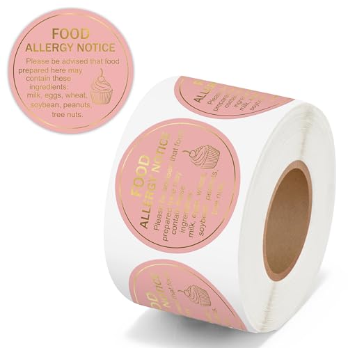 Food Allergy Notice Stickers - 500 Count Allergen Warning Label Gold Foil Adhesive Round Decal Roll, Food Alert Safety for Restaurant Home Kitchen Bakery Cake Shop (2 x 2 Inch, Pink) - color: Food Allergy Pink