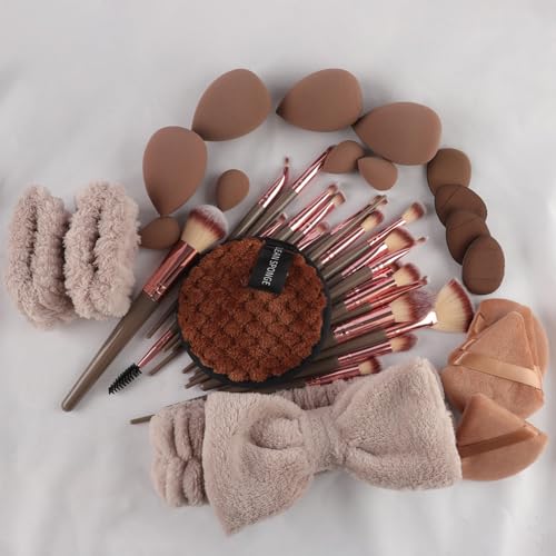 40 PCS Professional Makeup Brush Tools Set, Cosmetic Brush Sponge, Puff, Headband, Brush Cleaning Bow Set, Facial Makeup, Cleaning Accessories, Makeup Products, Valentine Day Item (Coffee-40PCS) - color: Coffee-40PCS