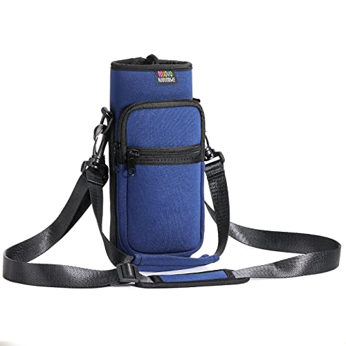Nuovoware Water Bottle Carrier Bag, 25oz/32oz, Navy blue | Adjustable Shoulder Hand Strap, 2 Pocket, Neoprene Sleeve, For Hiking Travelling Camping - color: Navy Blue, size: 25-32 Ounces - Standard