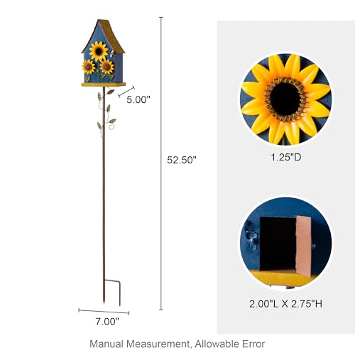 Glitzhome Birdhouses for Outdoors, Bird Houses Stake for Outside, 52.5" H Metal Bird House Decorative Sunflower Birdhouse with Stake for Garden Patio Backyard (Blue)