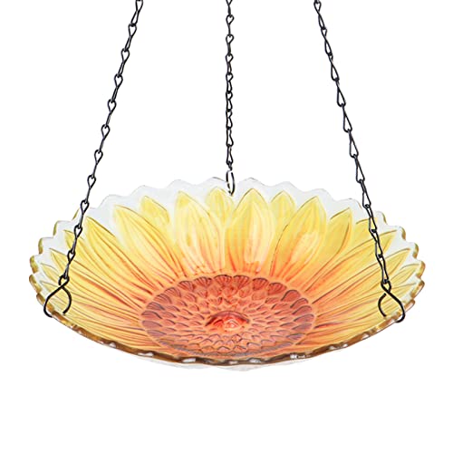 Hanging Glass Bird Bath Sunflower Outdoor Birdfeeder Garden Decor | 11-inch Hanging Glass Bird Bath and birdfeeder with Water Ripple Rim for Outdoor Yard Patio Decor, Bird Drinking and Bathing - color: Orange