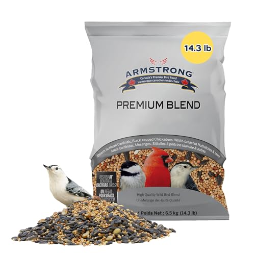 Armstrong Wild Bird Food Premium Blend, 14.3 Pounds - with White Millet, Black Oil Sunflower, Wheat, Peanuts, Striped Sunflower and Safflower for Northern Cardinals and Black-Capped Chickadees - size: 14.3lbs