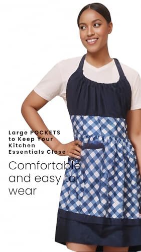 Lovely Flower Pattern Retro Aprons With Large Pockets for Women Girls Cooking Kitchen Bakery Mother's Gift - color: Blue Plaid
