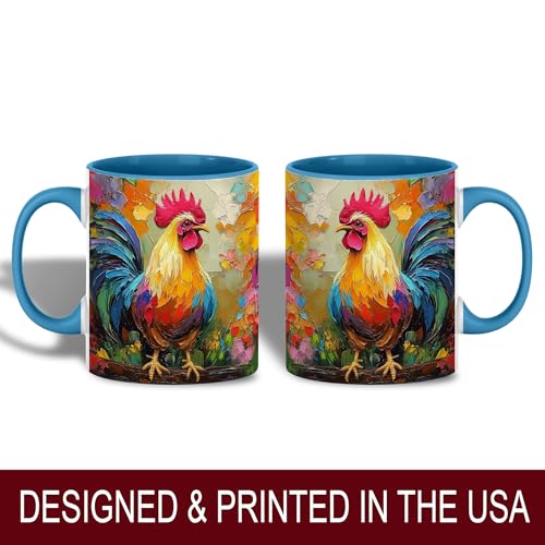 Colorful Rooster Mug, 11oz Coffee Cup Vibrant Farm Animal Painting, Artistic Country Morning Gift, Bold Ceramic Drinkware for Kitchen or Office (Colorful Rooster) - color: Colorful Rooster