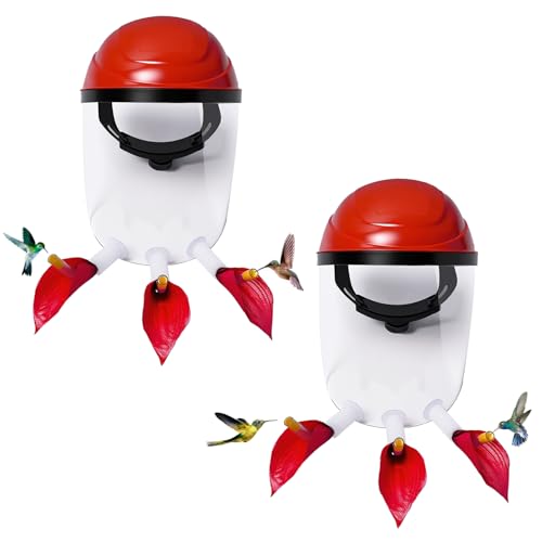 2 Pack Hummingbird Feeder Hat, Wearable Hummingbird Feeder Helmet | 2 Feeder Masks, 3 Upward Flower Ports Each for Close Viewing, Help Reduce Drips, Fog-Resistant Visors, Adjustable Fit - color: Red-2P