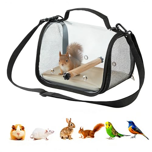 Clear Small Pet Travel Carrier with Perch & Tray – Breathable Mesh Bird Parrot Hamster Rabbit Squirrel Portable Bag (Black) - color: Black