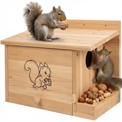 Extra Large Squirrel Houses for Outside 15.7" Outdoor Nest Box with Feeder | Carbonized pine wood, anti-predator design, Mounts on tree or fence. 2-in-1 shelter and feeder for backyard wildlife - size: L