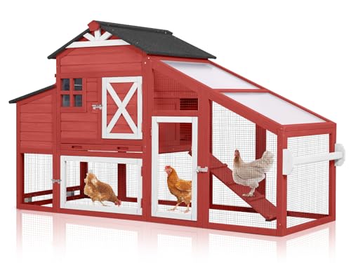 Chicken Coop with Wheels Wooden Outdoor Chicken House Easy Cleaning with Nesting Box, Deeper Leakproof Pull-Out Tray and UV Proof Panel Roof - Reinforced Version - Red