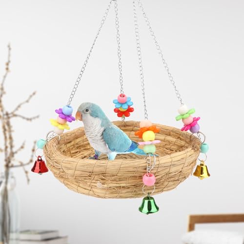 Hypeety Natural Handwoven Straw Bird Nest Bed Bird Swing Toy with Bells | Natural straw, handwoven, breathable and chewproof nest, easy-hanging with 2 hooks, for parakeet/cockatiel/budgie cage perch - color: A