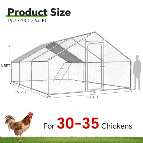 13.1 x 19.7 x 6.4 FT Metal Chicken Coop, Chicken Run with Cover | Walk-in Metal Chicken Coop, Waterproof Cover, Side Hardware Cloth, Roosting Perch, reinforced frame, Backyard & Farm Use - size: 20x13Ft