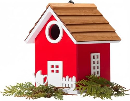 2026 Vinyl Water Proof Bird House for Outside, Shingle Roof Bluebird House Nesting Box, Squirrel Proof Hanging Birdhouse, 5 Years Weatherable for Outdoor Decoration,Bird Box for Pole (Red) - color: Red garden cottage