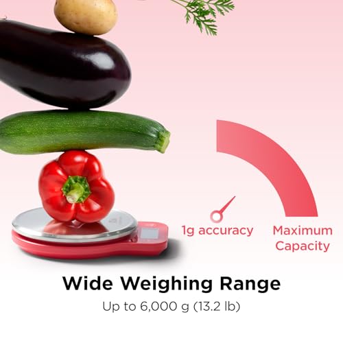 Kitchen Mama Q-Series Digital Food Scale, Red | 13.2 lb / 6000g Capacity, 1g Precision, Tare Function, Stainless Steel Platform, LCD Display - color: Red