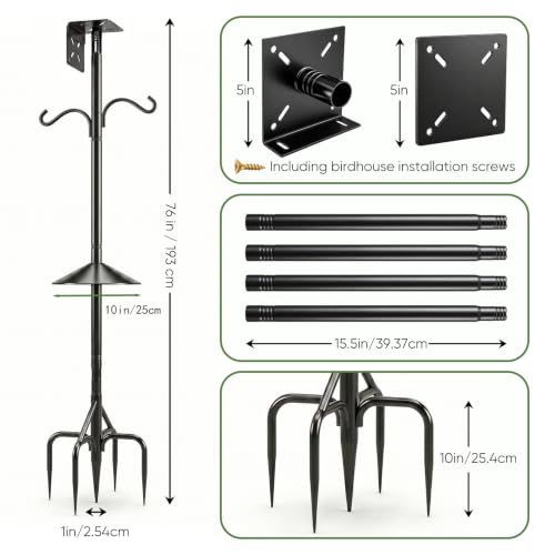 Bird Feeder Pole & Birdhouse Pole with Squirrel Baffle - 76 Inch Heavy Duty 1-Inch Diameter Metal Mounting Kit for Smart Bird Feeders, Patio & Garden Bird House not Included(with Two Hooks) - size: 76in With two hooks