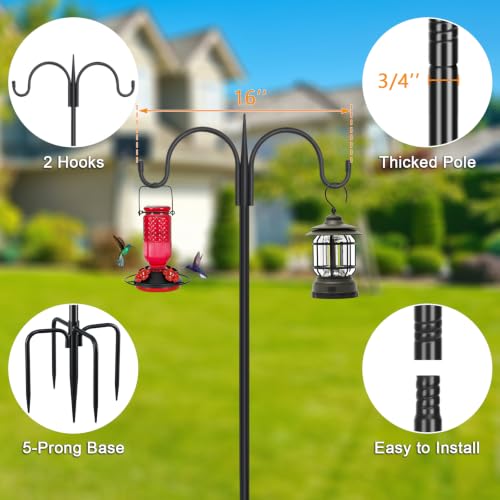 Heavy Duty Shepherds Hook 92" Double Hooks Adjustable (44/60/76/92") - Metal 5-Prong Base, 15lb Capacity - Easy Assembly Bird Feeder Pole for Hanging Planters, Lanterns, Wind Chimes - color: 1-Pack, size: 92" Double Hook