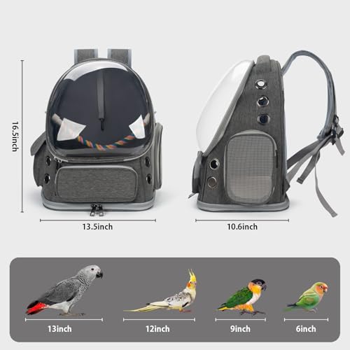 Bird Backpack Carrier Travel Cage with Perch, Tray and Breathable Clear Window, Bird Travel Cage for Cockatiel Caique Conure Quaker, for Vetting Camping Hiking (Grey) - color: Grey