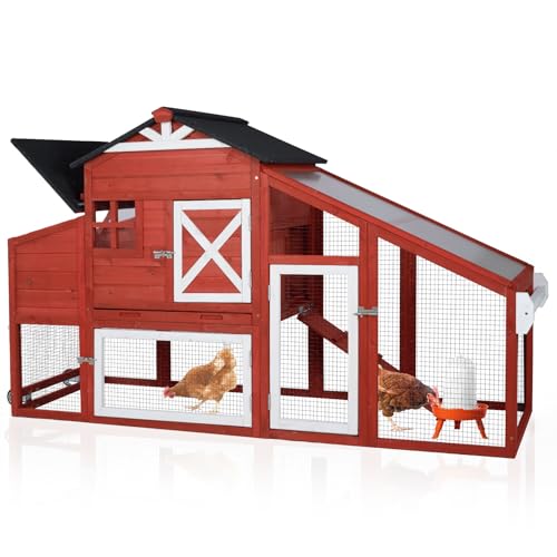 GUTINNEEN Mobile Chicken Coop for 2-4 Chickens with Wheels, Expandable Large Hen House with Run, UV-Protected Roof, Divided Nesting Boxes, Easy One-Person Move, Red - color: Red, size: 65.2"L x 26.4"W x 47.6"H