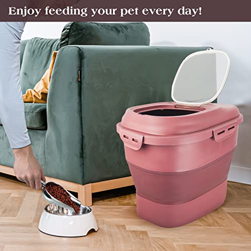 TIOVERY Dog Food Storage Container, Airtight Collapsible 13lb to 30lb Pet Food Container with Flip Top, Rolling Wheel, Scoop and a small container for Dog Cat Food and Dry Food of Rice, Flour - color: Pink